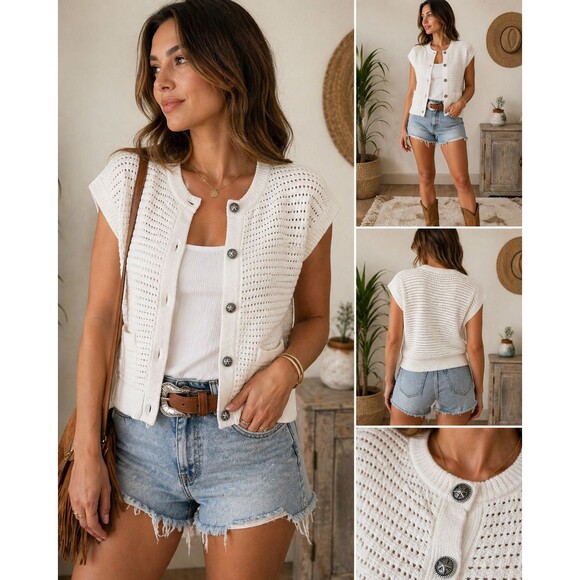 Lucky Brand Sweaters - Lucky Brand Ivory Crochet Cardigan XS Star Button Western Boho Cotton Vest